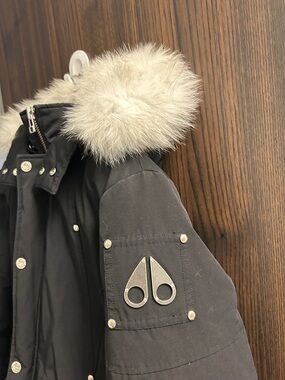 Moose Knuckles Black Parka with Light Fur-Trim Hood